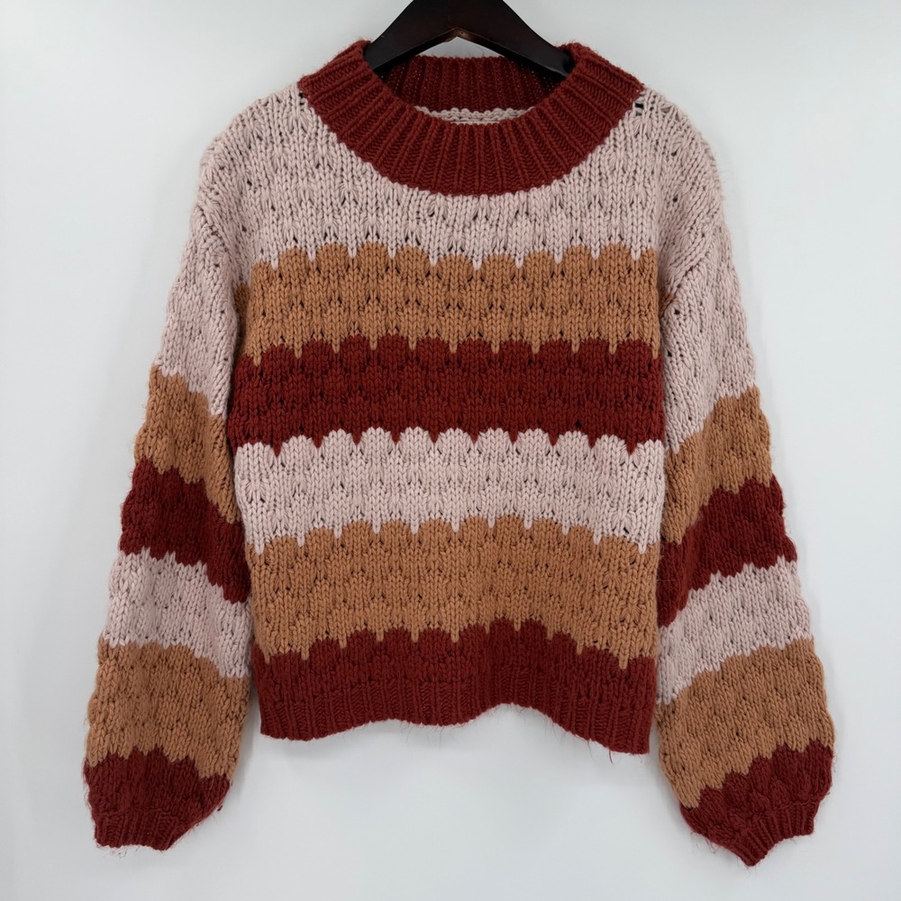 Altar'd State Chunky Knit Striped Sweater Rust Pink Tan Boho Pullover Medium